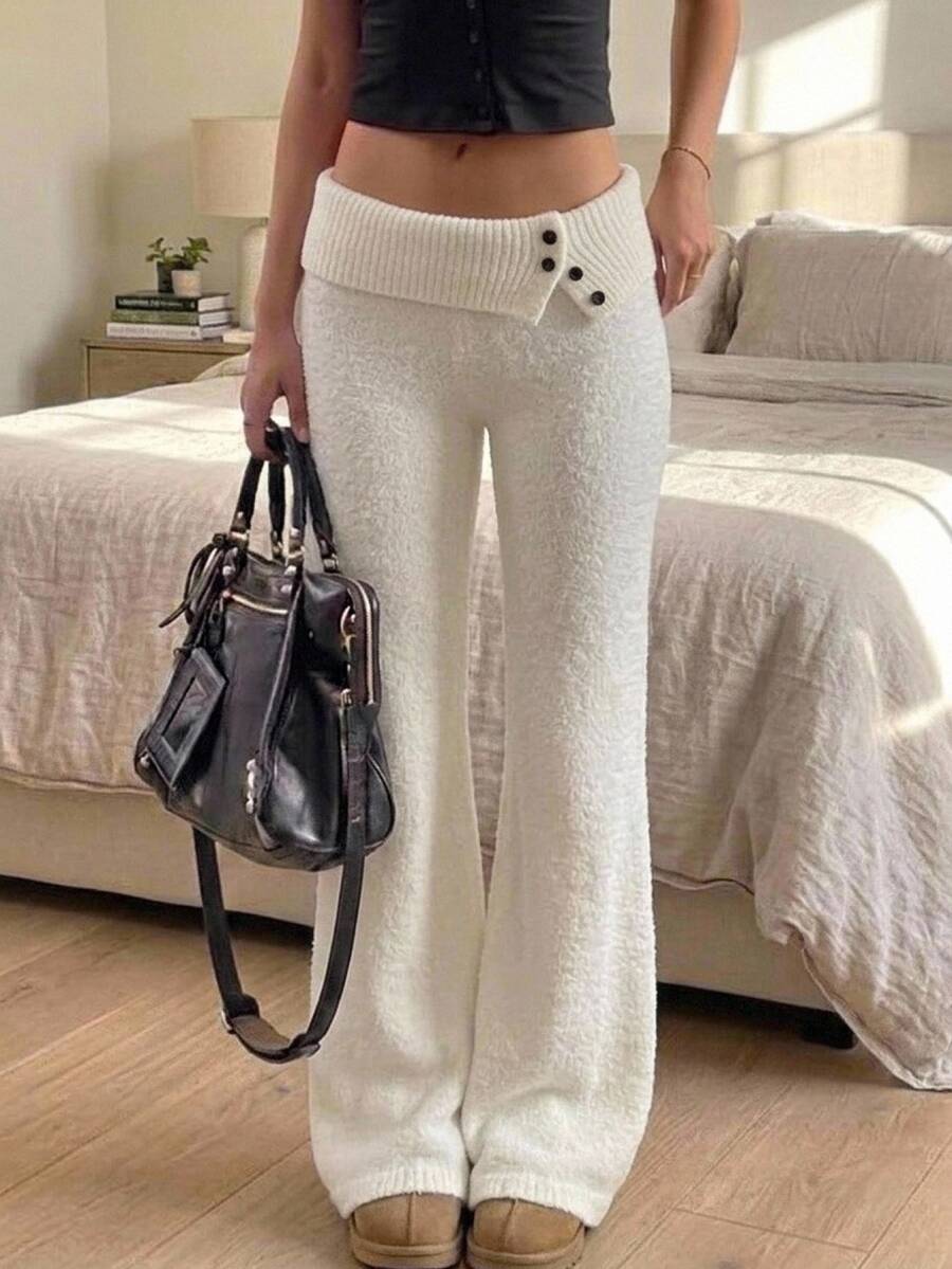 CovetEZ Women's Autumn/Winter Casual Solid Color Knitted Long Pants - White - View 1