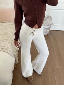 CovetEZ 女款秋冬休閒純色針織長褲 - 白色 - 查看 4