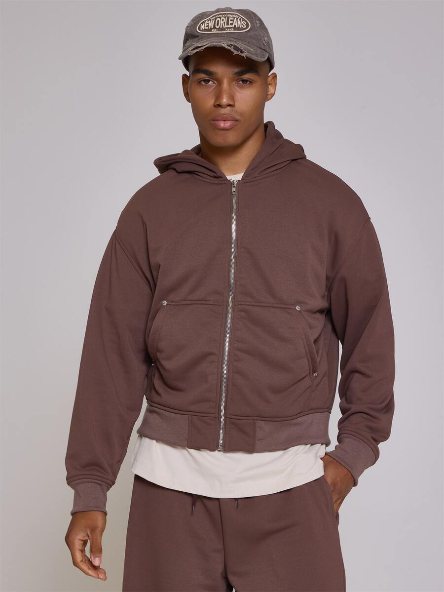 Musero Oversized Funnel Neck Button Placket Jersey Zip Up Hoodie Patch Kangaroo Pocket Detail Spring Summer Essentials Co Ord Jacket Only - Coffee Brown - View 1