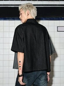 ROMWE MEN Street Life 男士短袖單排扣休閒牛仔襯衫 - 彩色 - 查看 7