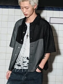 ROMWE MEN Street Life 男士短袖單排扣休閒牛仔襯衫 - 彩色 - 查看 4