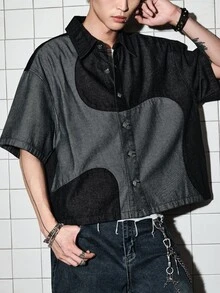 ROMWE MEN Street Life 男士短袖單排扣休閒牛仔襯衫 - 彩色 - 查看 3