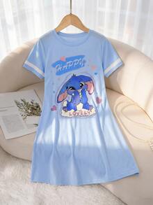 SHEIN Girls' Casual Long Dress, Round Neck Short Sleeve, Blue Rabbit Print & White Stripe, Knitted Fabric, Comfortable Sleepwear - Blue - View 2