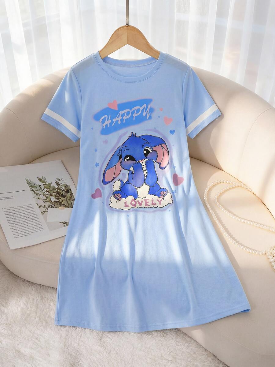 SHEIN Girls' Casual Long Dress, Round Neck Short Sleeve, Blue Rabbit Print & White Stripe, Knitted Fabric, Comfortable Sleepwear