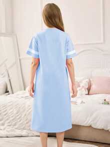 SHEIN Girls' Casual Long Dress, Round Neck Short Sleeve, Blue Rabbit Print & White Stripe, Knitted Fabric, Comfortable Sleepwear - Blue - View 4