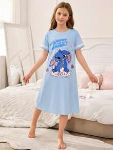 SHEIN Girls' Casual Long Dress, Round Neck Short Sleeve, Blue Rabbit Print & White Stripe, Knitted Fabric, Comfortable Sleepwear - Blue - View 5