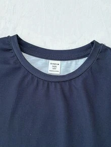 SHEIN Tween女孩純色長袖上衣與格紋長褲休閒日常居家睡衣套裝 - 藏蓝色 - 查看 5