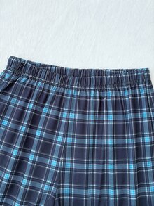 SHEIN Tween女孩純色長袖上衣與格紋長褲休閒日常居家睡衣套裝 - 藏蓝色 - 查看 6