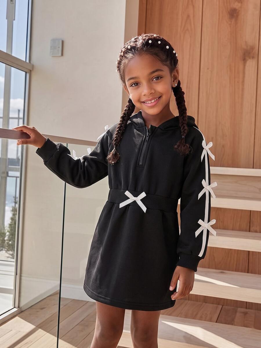 Genkimix Kids Young Girl Casual Half-Zip Raglan Long Sleeve Hooded Dress With Cute Bow Decor Autumn Fall - Black - View 1