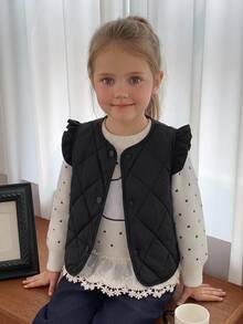 Hapijoa Young Girl Solid Color Single-Breasted Flutter Sleeve Winter Jacket - Black - View 2
