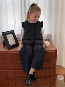 Hapijoa Young Girl Solid Color Single-Breasted Flutter Sleeve Winter Jacket - Black - View 3