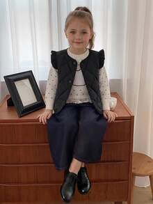 Hapijoa Young Girl Solid Color Single-Breasted Flutter Sleeve Winter Jacket - Black - View 5