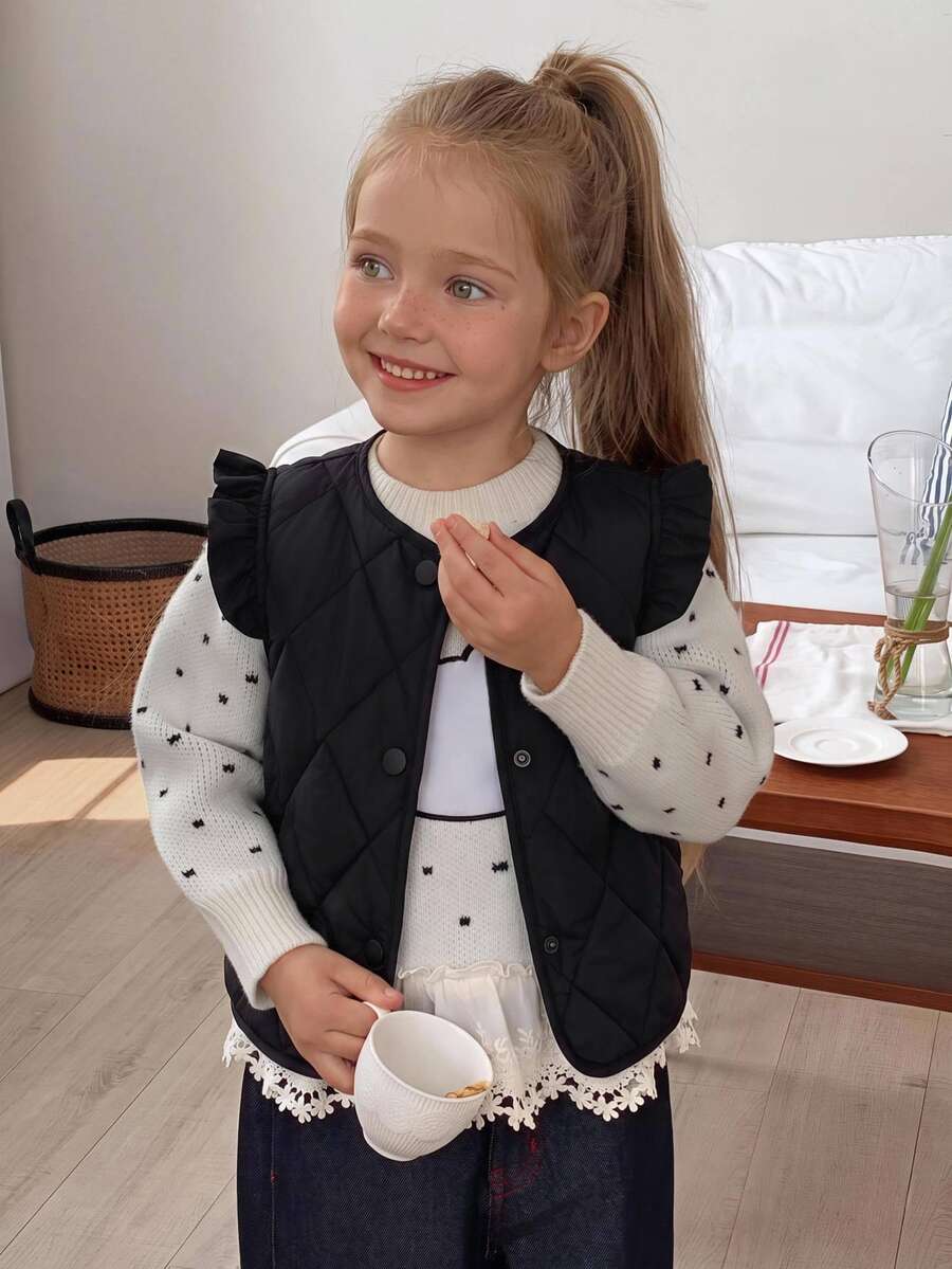 Hapijoa Young Girl Solid Color Single-Breasted Flutter Sleeve Winter Jacket - Black - View 1
