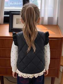 Hapijoa Young Girl Solid Color Single-Breasted Flutter Sleeve Winter Jacket - Black - View 4