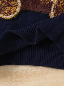 女童美式國旗設計泰迪熊刺繡針織毛衣，海軍藍圓領套頭長袖針織上衣，可愛休閒外出穿搭，秋季 - 藏蓝色 - 查看 9