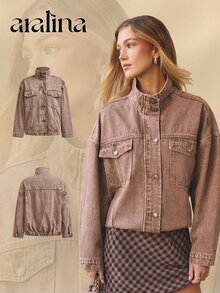 Aralina Women Washed Jacket Button Front Funnel Neck Drop Shoulder Flap Pocket Loose Fit Elegant Style Casual Festival Summer Fall Winter Going Out - Brown - View 14