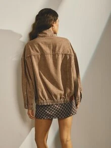Aralina Women Washed Jacket Button Front Funnel Neck Drop Shoulder Flap Pocket Loose Fit Elegant Style Casual Festival Summer Fall Winter Going Out - Brown - View 2