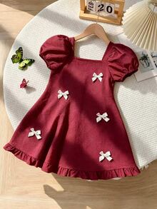 SHEIN 女童甜美花卉紋理酒紅色洋裝，適合日常穿著、幼兒園、學校活動、週末出遊、公園野餐、生日派對 - 酒紅色 - 查看 5