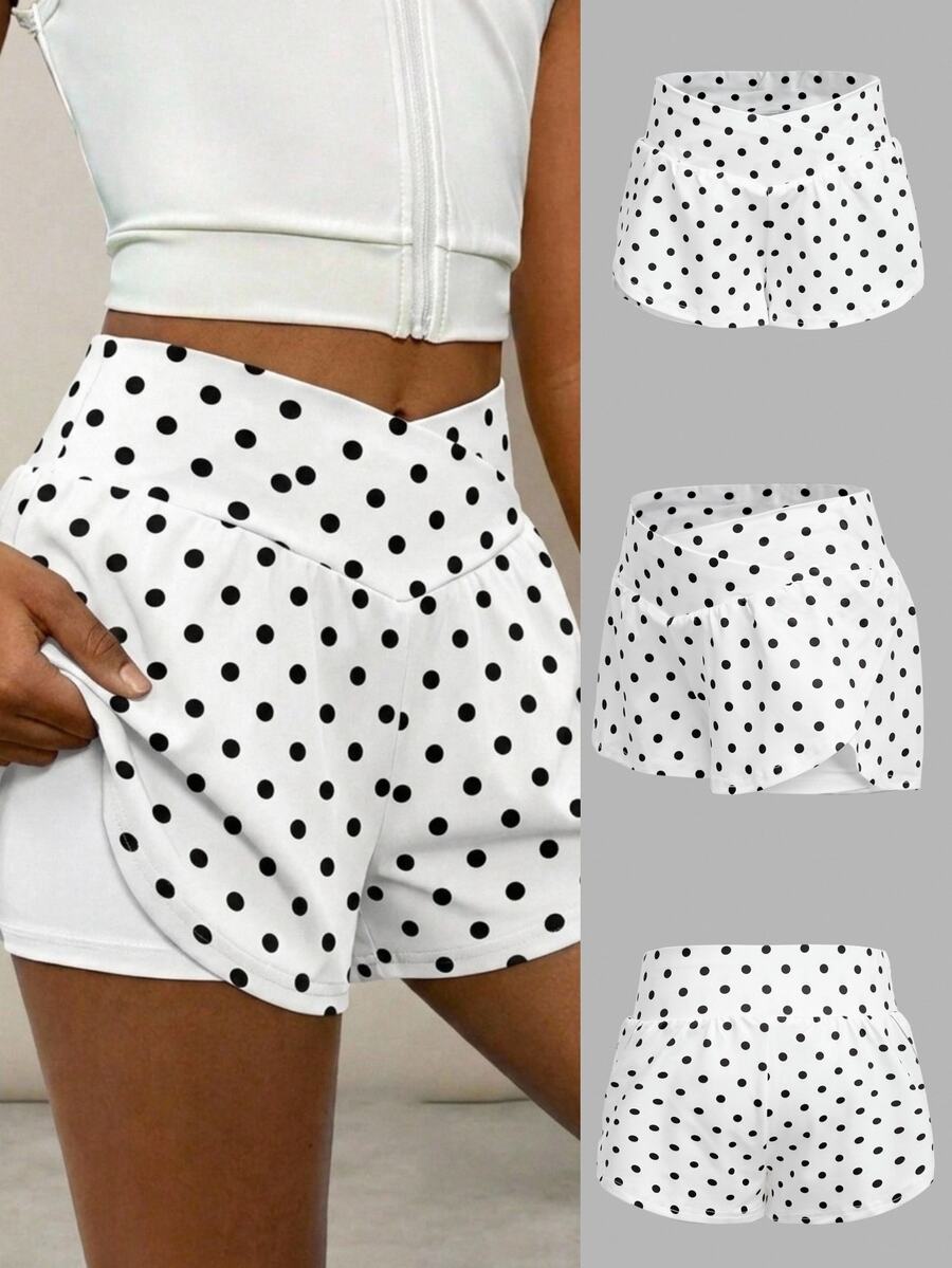 Tween Girl Tween Girl Tween Girl Casual Daily Versatile Comfortable Black & White Polka Dot Pattern Sports Knit Solid Color Loose Elastic Shorts - Black and White - View 1