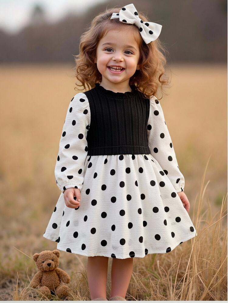 LMoss Kids Baby Girl Knitted & Woven Polka Dot Casual Long Sleeve Dress, Polka Dot Dress, Halloween, Holiday Outfit, Autumn Versatile Streetwear Dress, Black Patchwork Dress - Black and White - View 5