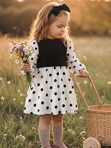 LMoss Kids 女嬰針織與梭織波點休閒長袖洋裝，波點洋裝，萬聖節、節日穿搭，秋季百搭街頭風洋裝，黑色拼接洋裝 - 黑與白 - 查看 3