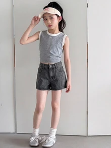 Hapijoa 女童大碼設計師牛仔短褲 - 灰色 - 查看 2