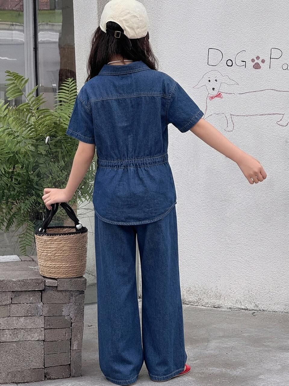 Tween Girl Patch Pocket Drawstring Waist Denim Shirt & Wide Leg Jeans Set