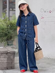 DAZY Tween Girl Patch Pocket Drawstring Waist Denim Shirt & Wide Leg Jeans Set - Dark Wash - View 5