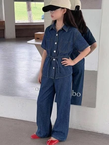 DAZY Tween Girl Patch Pocket Drawstring Waist Denim Shirt & Wide Leg Jeans Set - Dark Wash - View 1
