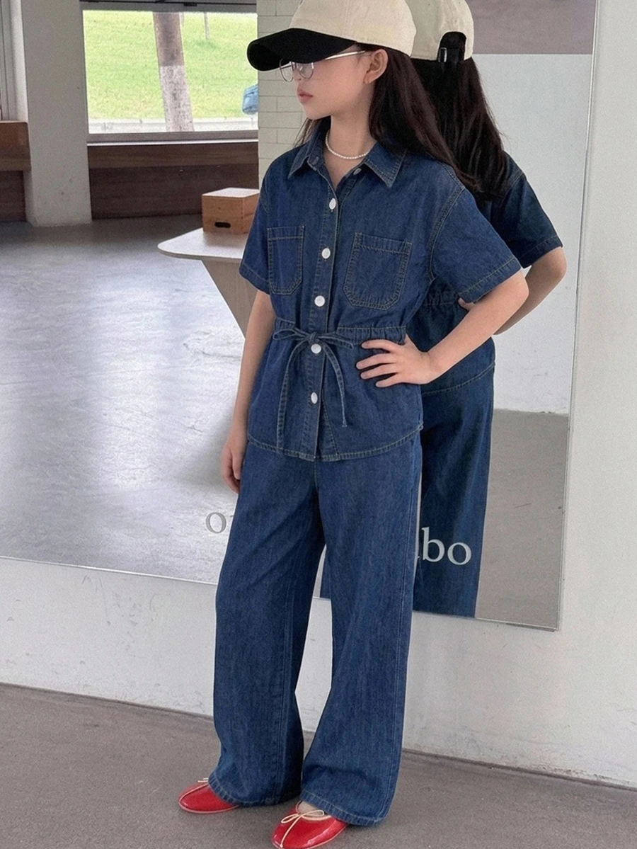 DAZY Tween Girl Patch Pocket Drawstring Waist Denim Shirt & Wide Leg Jeans Set - Dark Wash - View 1