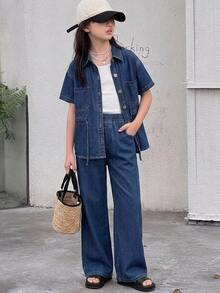 DAZY Tween Girl Patch Pocket Drawstring Waist Denim Shirt & Wide Leg Jeans Set - Dark Wash - View 4