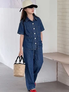 DAZY Tween Girl Patch Pocket Drawstring Waist Denim Shirt & Wide Leg Jeans Set - Dark Wash - View 3