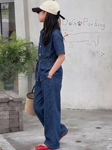 DAZY Tween Girl Patch Pocket Drawstring Waist Denim Shirt & Wide Leg Jeans Set - Dark Wash - View 6