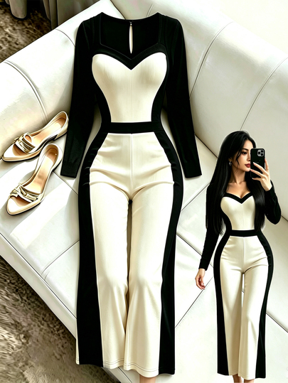 SHEIN Elenzya New Women's Long Sleeve One-Piece Jumpsuit, Slim Fit Knit Textured Fabric, Multi-Color, Fashionable Elegant Height-Enhancing Slimming Fitted Style, Versatile For Daily Commute, Party, Travel
