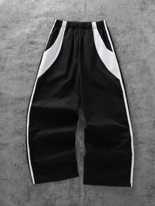 SHEIN 兒童青少年男孩休閒運動百搭直筒側邊拼色拼接運動長褲，適合秋冬休閒戶外運動與校園穿著 - 黑色 - 查看 2