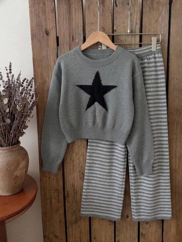 Tween Girls' Autumn/Winter Star Pattern Jacquard Knit Sweater Long Sleeve Top And Long Pants Set Holiday Outfits Back To School Clothes Girls