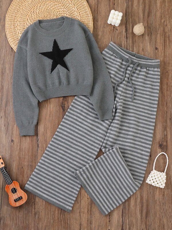 Tween Girls' Autumn/Winter Star Pattern Jacquard Knit Sweater Long Sleeve Top And Long Pants Set Holiday Outfits Back To School Clothes Girls