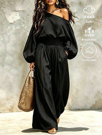 SHEIN Holidaya Women's Autumn Loose Textured Asymmetric Shoulder Casual Elegant 2 Pieces Set Featuring Design Top And High-Waist Wide Leg Pants Black Vacation