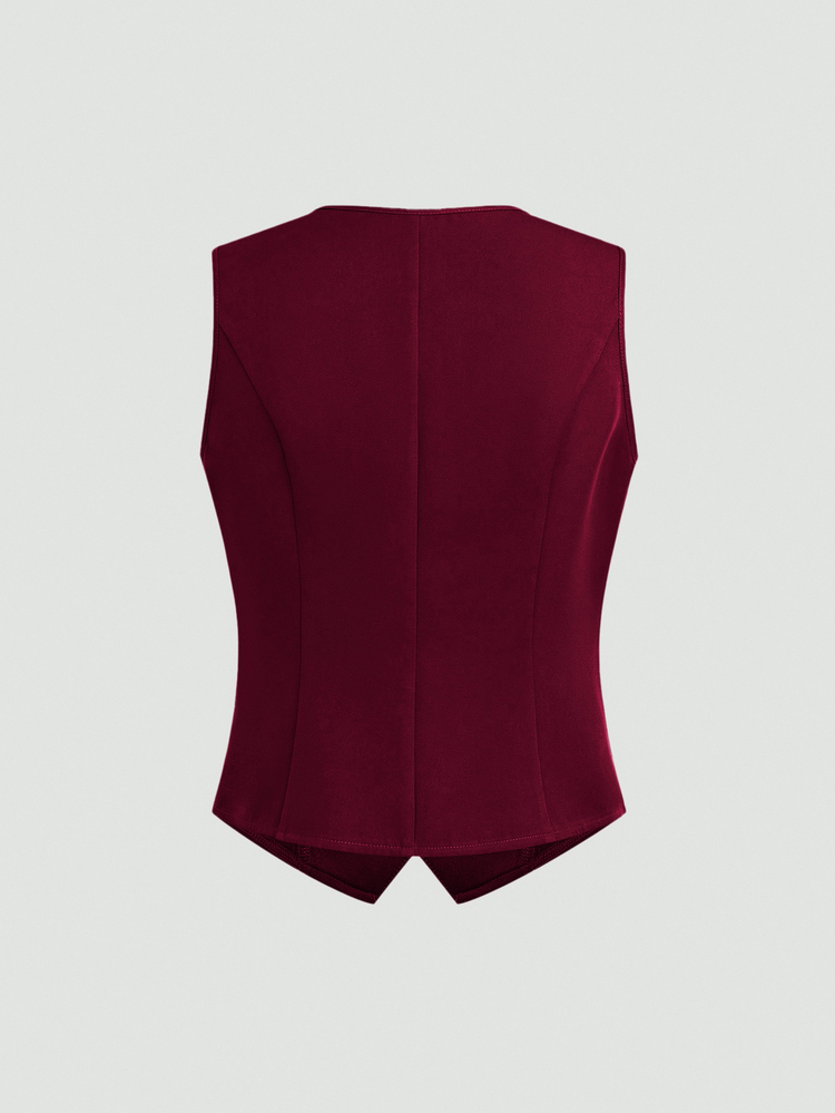 Yalmera Women's Solid Color Button Formal Fitted Vest Jacket - Burgundy - View 2