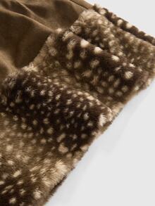 ROMWE Kawaii Early Autumn Cute Girl Suede Plush Patchwork Leopard Print Plush Mini Skirt For Women - Brown - View 2