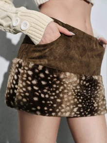 ROMWE Kawaii Early Autumn Cute Girl Suede Plush Patchwork Leopard Print Plush Mini Skirt For Women - Brown - View 3