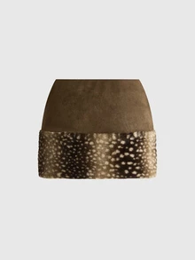 ROMWE Kawaii Early Autumn Cute Girl Suede Plush Patchwork Leopard Print Plush Mini Skirt For Women - Brown - View 8