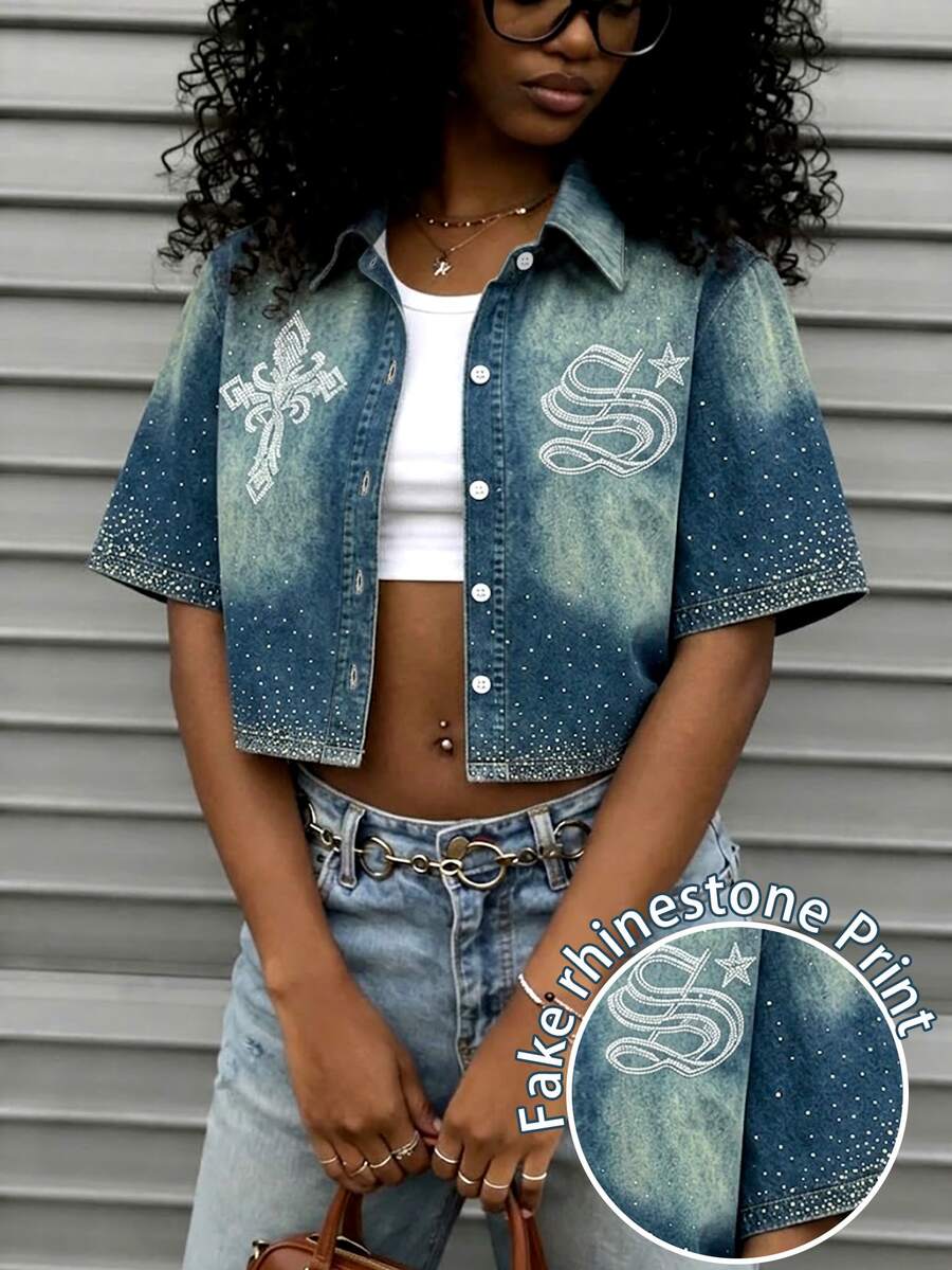 Rovax Vintage Distressed Starry Rhinestone Short Denim Printed Jacket For Women, Heavy-Duty Printed Collared Short-Sleeve Cardigan, Hot Girl Top - Multicolor - View 1