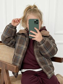 Hapijoa Young Girl Plaid Fashion Versatile Zipper Long Sleeve Padded Coat - Brown - View 13