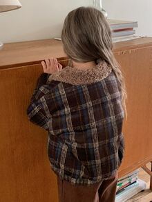 Hapijoa Young Girl Plaid Fashion Versatile Zipper Long Sleeve Padded Coat - Brown - View 2