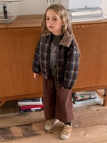 Hapijoa Young Girl Plaid Fashion Versatile Zipper Long Sleeve Padded Coat - Brown - View 15