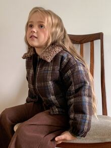 Hapijoa Young Girl Plaid Fashion Versatile Zipper Long Sleeve Padded Coat - Brown - View 5