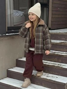 Hapijoa Young Girl Plaid Fashion Versatile Zipper Long Sleeve Padded Coat - Brown - View 12