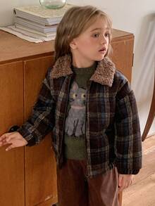 Hapijoa Young Girl Plaid Fashion Versatile Zipper Long Sleeve Padded Coat - Brown - View 3