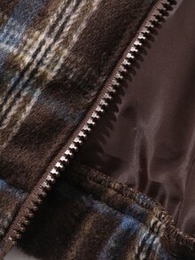 Hapijoa Young Girl Plaid Fashion Versatile Zipper Long Sleeve Padded Coat - Brown - View 14